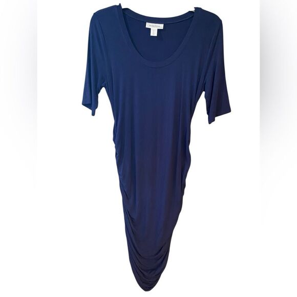 Motherhood Maternity Sz S Navy Blue Maternity Ruching 3/4 Sleeve Maxi Blue Dress - Picture 1 of 8
